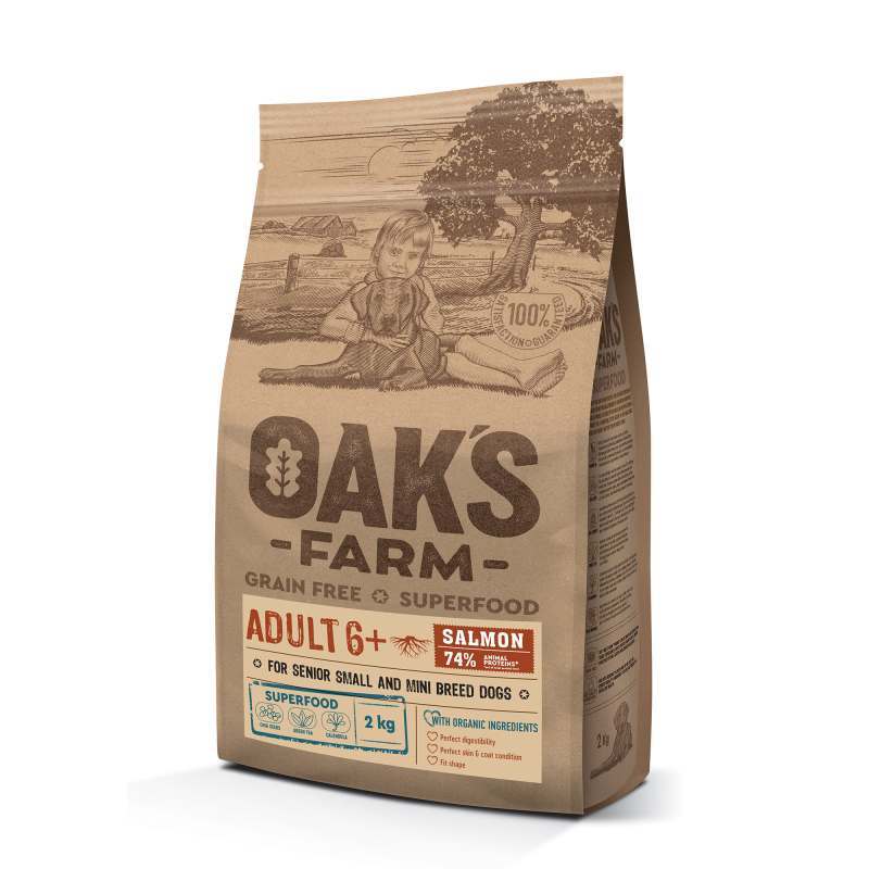 Oak's Farm (Оакс Фарм) Grain Free Salmon Adult 6+ Small and Mini Breed Dogs - Сухой беззерновой корм с лососем для собак малых пород старше 6 лет (2 кг) в E-ZOO