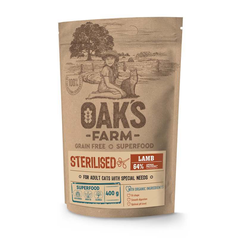 Oak's Farm (Оакс Фарм) Grain Free Lamb Sterilised Adult Cat - Сухий беззерновий корм з ягням для дорослих стерилізованих котів (400 г) в E-ZOO