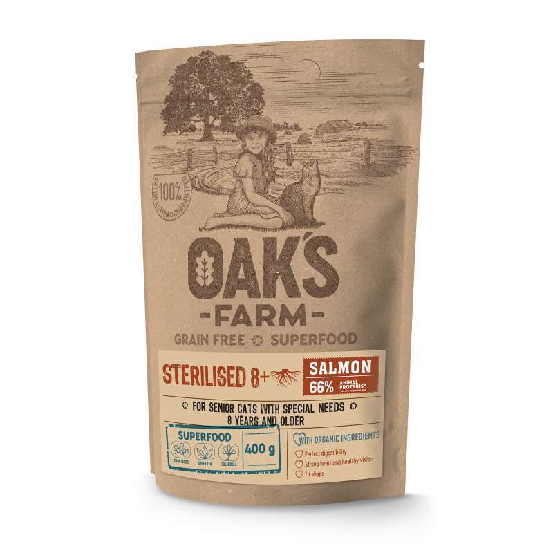 Oak's Farm (Оакс Фарм) Grain Free Salmon Sterilised 8+ Cat - Сухой беззерновой корм с лососем для стерилизованных, пожилых кошек от 8 лет (400 г) в E-ZOO