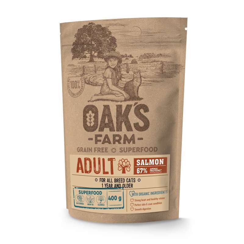 Oak's Farm (Оакс Фарм) Grain Free Salmon Adult Cat - Сухой беззерновой корм с лососем для взрослых кошек от 1 года (400 г) в E-ZOO