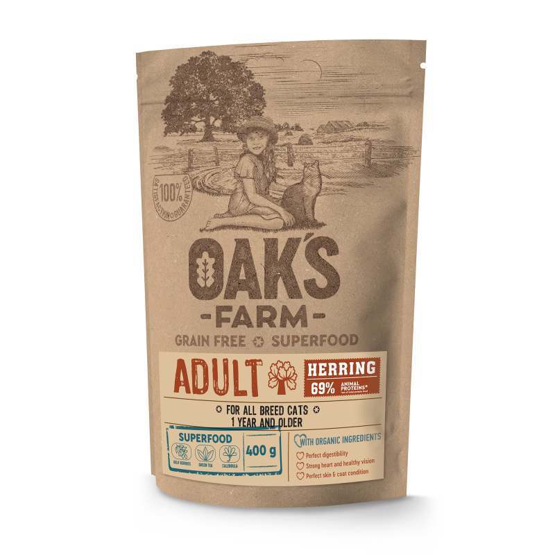 Oak's Farm (Оакс Фарм) Grain Free Herring Adult Cat - Сухой беззерновой корм с сельдью для взрослых кошек, от 1 года (400 г) в E-ZOO