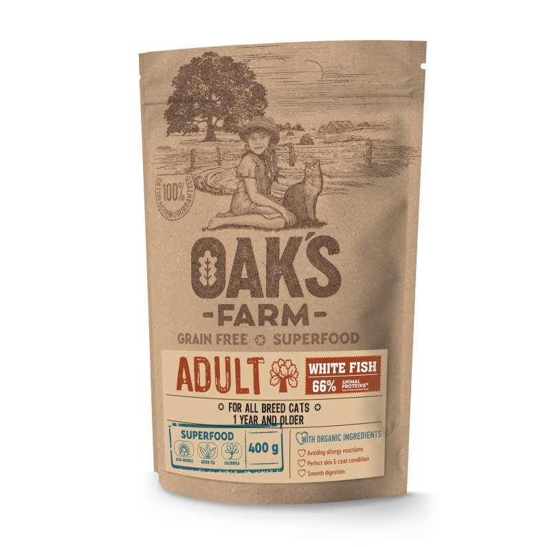 Oak's Farm (Оакс Фарм) Grain Free White Fish Adult Cat - Сухой беззерновой корм с белой рыбой для взрослых кошек от 1 года (400 г) в E-ZOO
