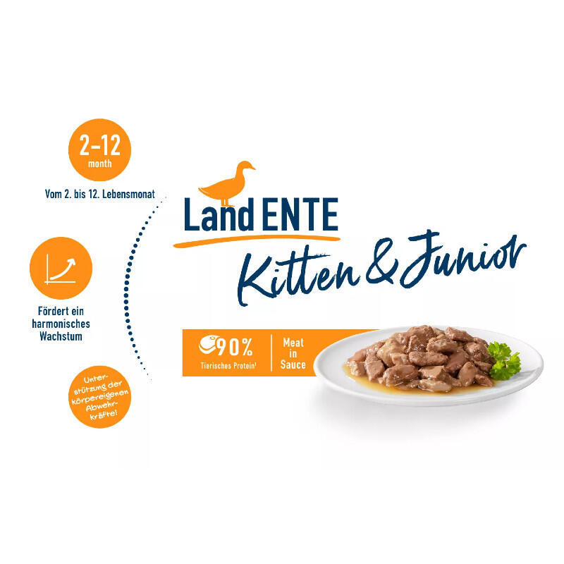 Happy Cat (Хэппи Кэт) Kitten & Junior Land-Ente - Влажный корм с уткой для котят (кусочки в соусе) (85 г) в E-ZOO