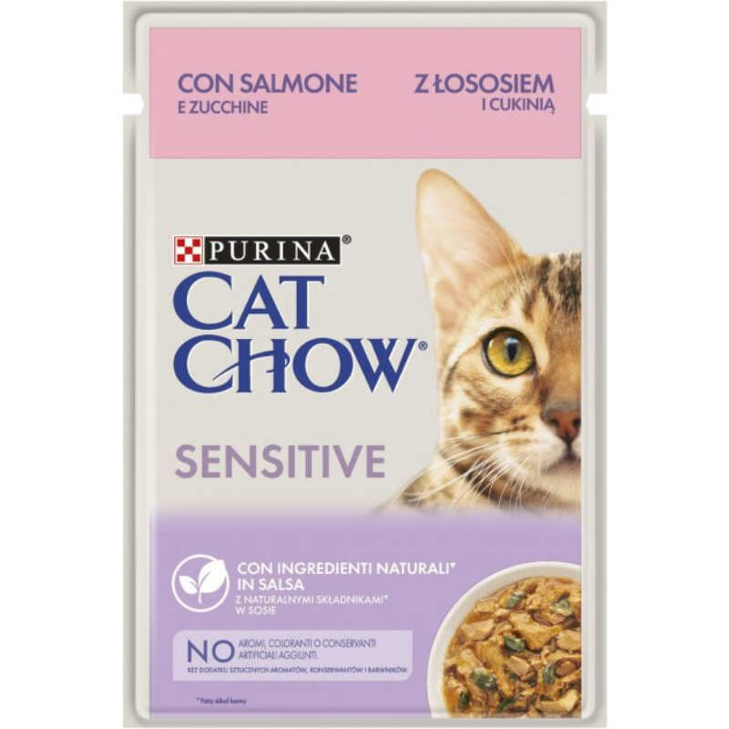 Cat Chow (Кэт Чау) Sensitive – Влажный корм с лососем и цуккини для котов с чувствительным пищеварением (кусочки в соусе) (85 г) в E-ZOO