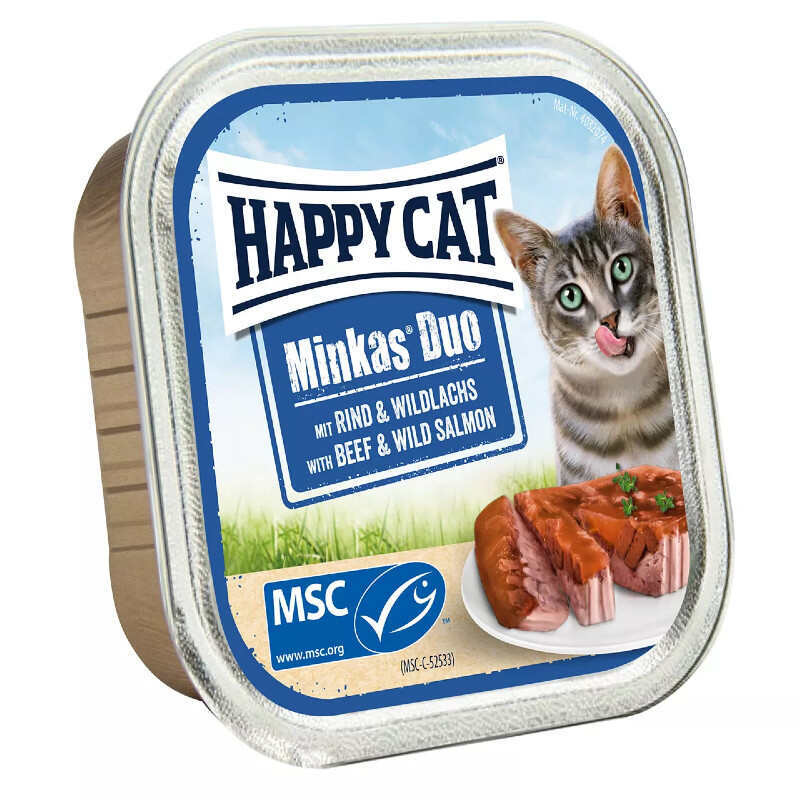 Happy Cat (Хэппи Кэт) Minkas Duo Rind & Wildlachs - Влажный корм с говядиной и диким лососем для взрослых котов (кусочки с паштетом в соусе) (100 г) в E-ZOO