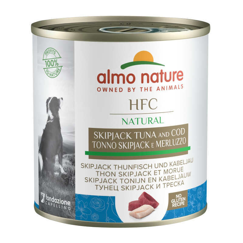 Almo Nature (Альмо Натюр) HFC Natural Adult Dog Skipjack Tuna&Cod - Консервированный корм с полосатым тунцом и треской для взрослых собак (кусочки в соусе) (280 г) в E-ZOO