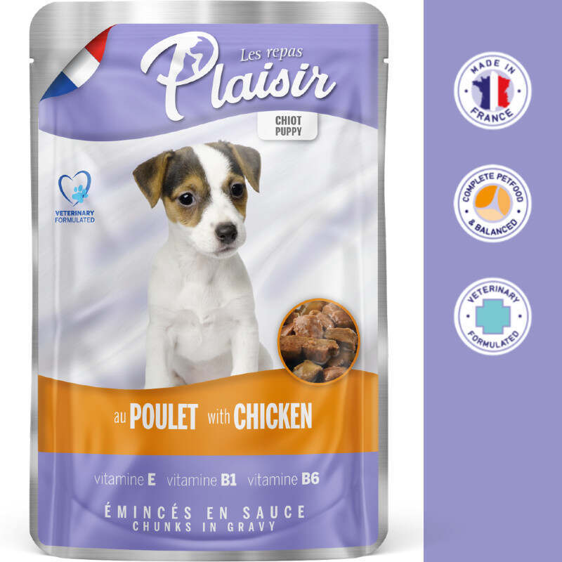 Plaisir (Плєзір) Puppy Chicken Chunks In Gravy - Повнораціонний вологий корм з куркою для цуценят (шматочки в соусі) (100 г) в E-ZOO
