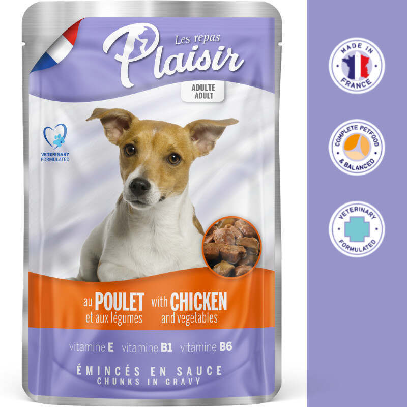 Plaisir (Плєзір) Adult Dog Chicken&Vegetables Chunks In Gravy - Повнораціонний вологий корм з куркою та овочами для дорослих собак (шматочки в соусі) (22х100 г (box)) в E-ZOO