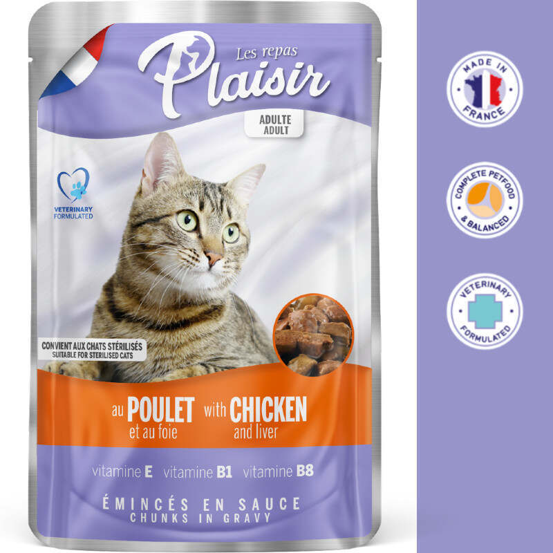 Plaisir (Плєзір) Adult Sterilized Cat Chicken&Liver Chunks In Gravy - Повнораціонний вологий корм з куркою та печінкою для дорослих стерилізованих котів (шматочки в соусі) (22х100 г (box)) в E-ZOO