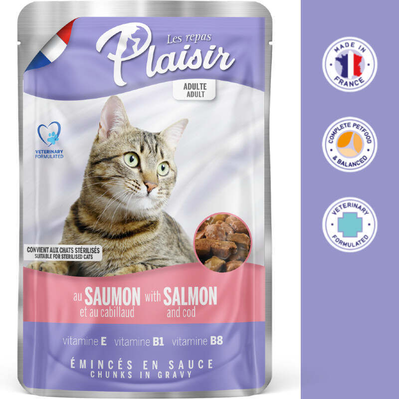 Plaisir (Плєзір) Adult Sterilized Cat Salmon&Cod Chunks In Gravy - Повнораціонний вологий корм з лососем та тріскою для дорослих стерилізованих котів (шматочки в соусі) (100 г) в E-ZOO