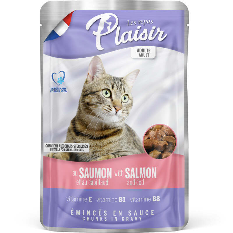 Plaisir (Плєзір) Adult Sterilized Cat Salmon&Cod Chunks In Gravy - Повнораціонний вологий корм з лососем та тріскою для дорослих стерилізованих котів (шматочки в соусі) (100 г) в E-ZOO
