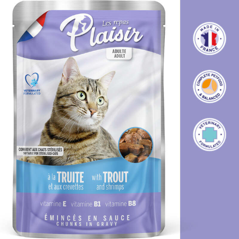 Plaisir (Плєзір) Adult Sterilized Cat Trout&Shrimps Chunks In Gravy- Повнораціонний вологий корм з фореллю та креветками для дорослих стерилізованих котів (шматочки в соусі) (100 г) в E-ZOO