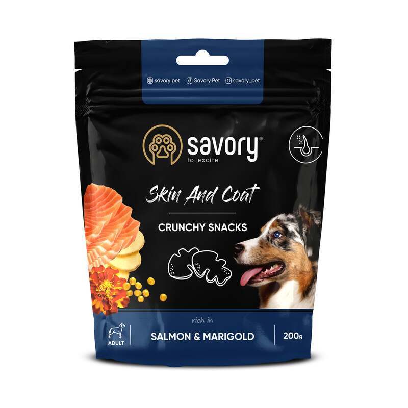 Savory (Сейвори) Crunchy Snacks Skin & Coat Salmon & Marigolds - Хрустящие лакомства с лососем и бархатцами для здоровья кожи и шерсти собак (200 г) в E-ZOO
