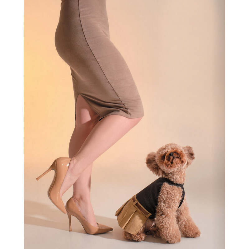 Pet Fashion (Пет Фешн) Say Yes Chic - Платье для собак с юбкой со складками (песочно-черное) (S (27-29 см)) в E-ZOO