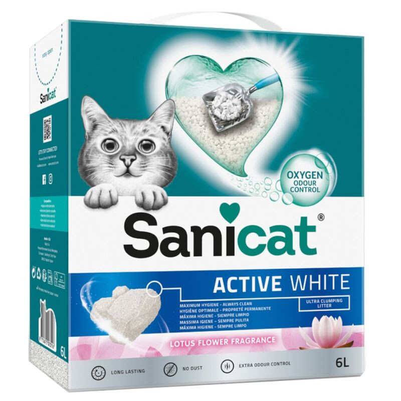 Sanicat (Санікет) Active White Lotus Cat Litter – Білий бентонітовий наповнювач, що утворює супергрудки, з ароматом лотосу для котячого туалету (6 л / 5,25 кг) в E-ZOO