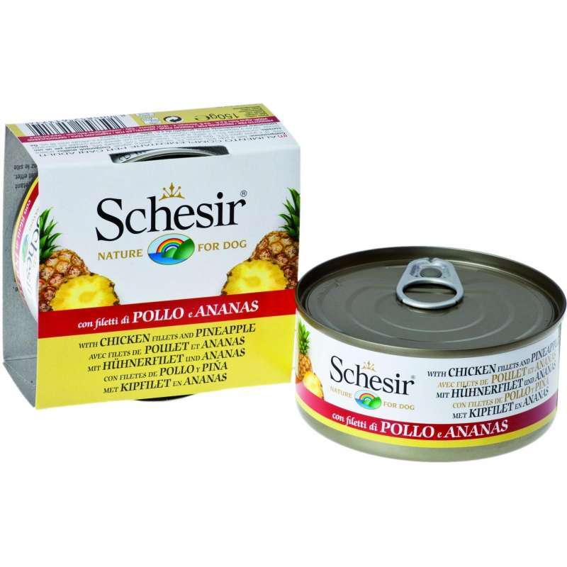Schesir (Шезір) Chicken & Pineapple - Консервований корм з куркою та ананасом для дорослих собак (шматочки в желе) (150 г) в E-ZOO