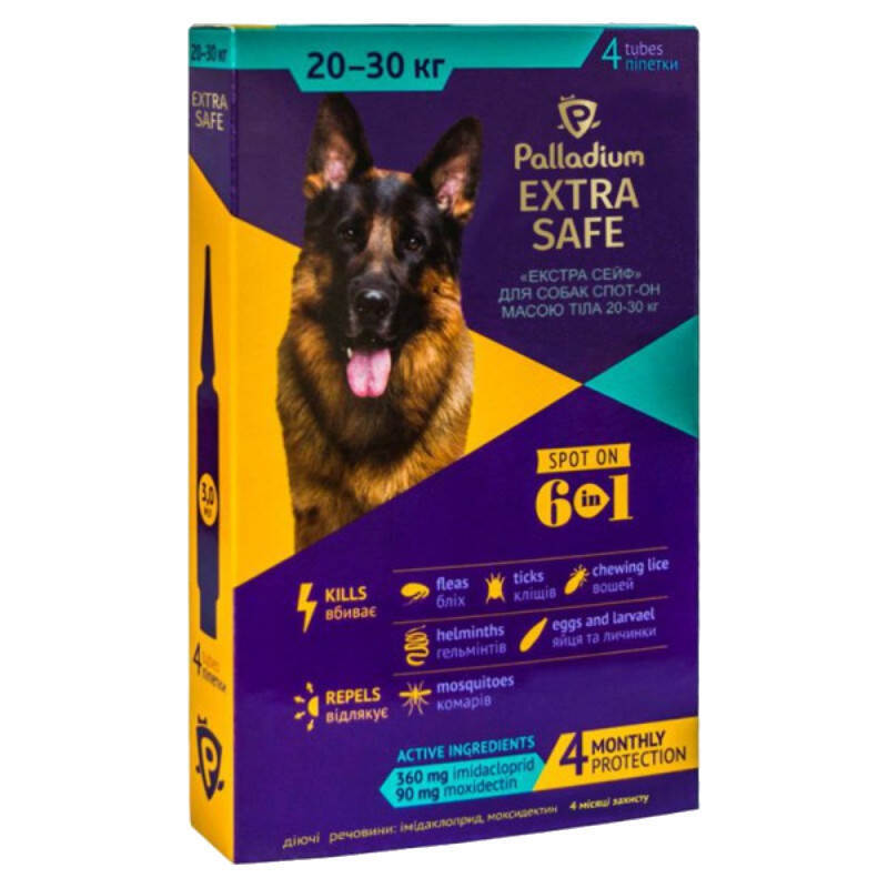 Palladium (Палладіум) Dog Extra Safe 6in1 - Протипаразитарні краплі на холку від бліх, кліщів та гельмінтів для собак (1 піпетка) (20-30 кг) в E-ZOO