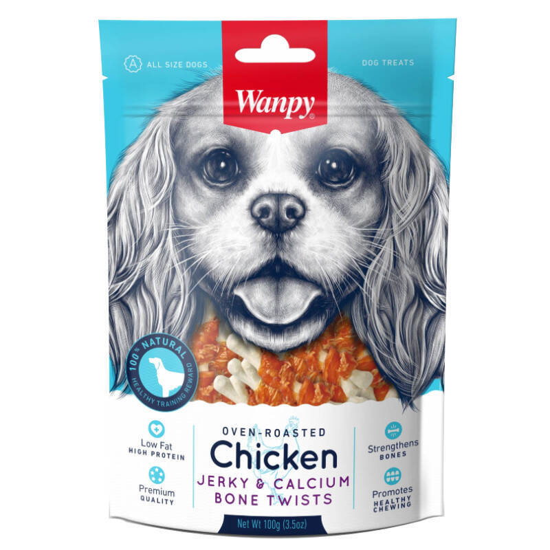 Wanpy (Ванпи) Chicken Jerky & Calcium Bone Twists - Лакомство косточки с вяленой курицей, обогащенные кальцием для собак (100 г) в E-ZOO
