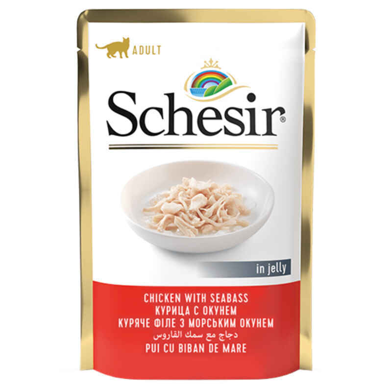 Schesir (Шезир) Chicken & Seabass - Консервированный корм с курицей и окунем для взрослых котов (кусочки в желе) (85 г) в E-ZOO