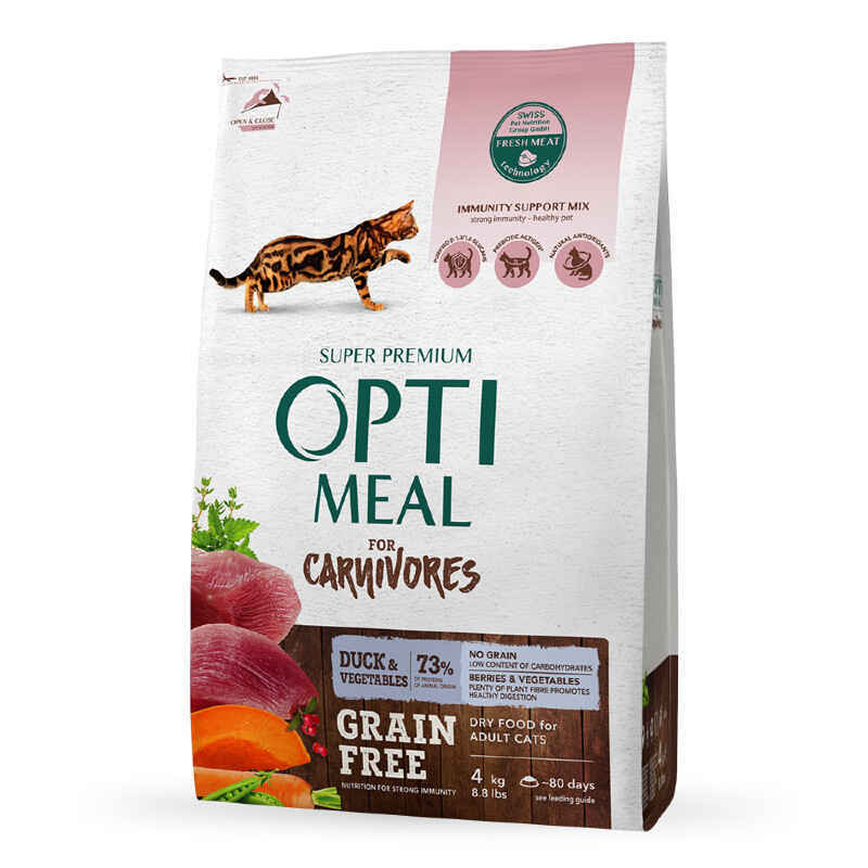 OptiMeal (ОптиМил) Adult Cat Grain Free Carnivores Duck & Vegetables – Беззерновой полнорационный сухой корм с уткой и овощами для взрослых кошек (4 кг) в E-ZOO