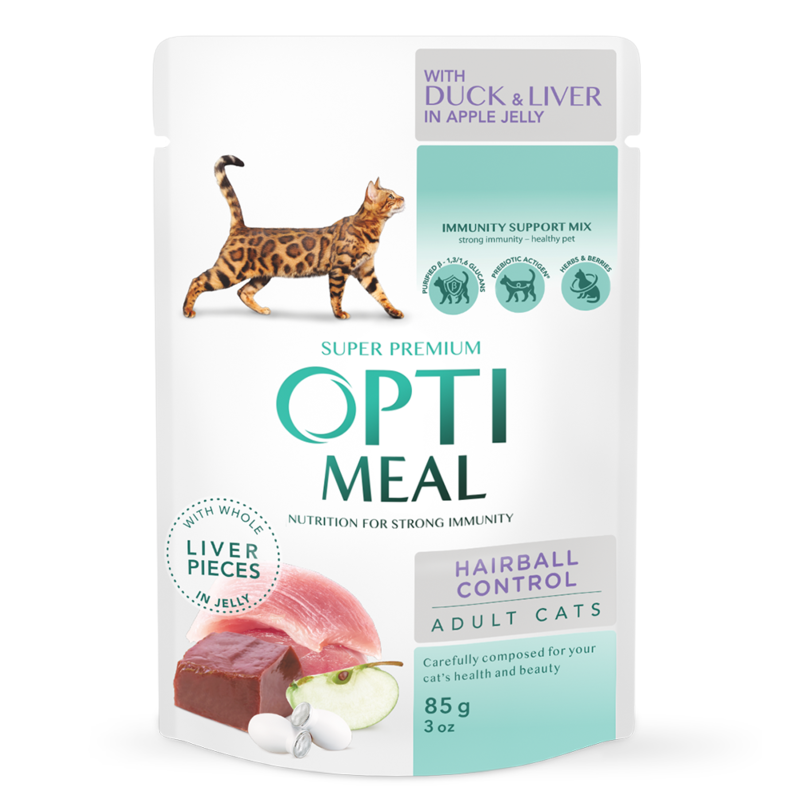 OptiMeal (ОптіМіл) Hairball Control Duck & Liver - Консервований корм з качкою та печінкою, що сприяє виведенню шерсті у котів (шматочки в желе) (85 г) в E-ZOO