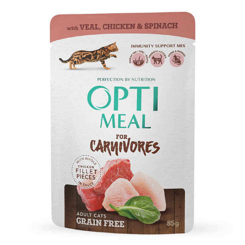 OptiMeal (ОптиМил) Adult Cats Grain Free Veal, Chicken & Spinach – Беззерновой влажный корм с телятиной, куриным филе и шпинатом для котов (кусочки в соусе) в E-ZOO