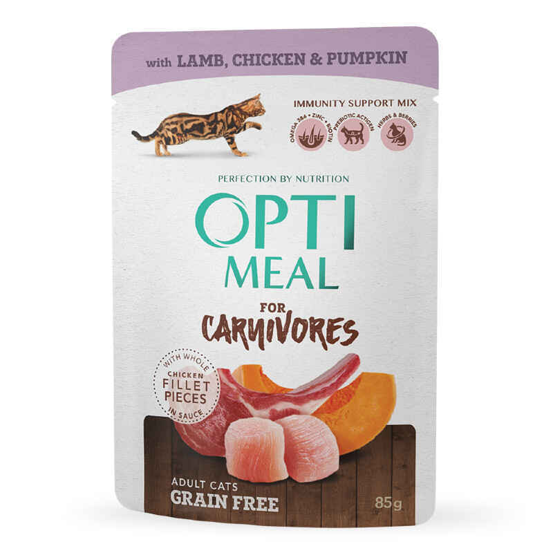 OptiMeal (ОптиМил) Adult Cats Grain Free Lamb, Chicken & Pumpkin – Беззерновой влажный корм с ягнятиной и куриным филе для котов (кусочки в тыквенном желе) (85 г) в E-ZOO
