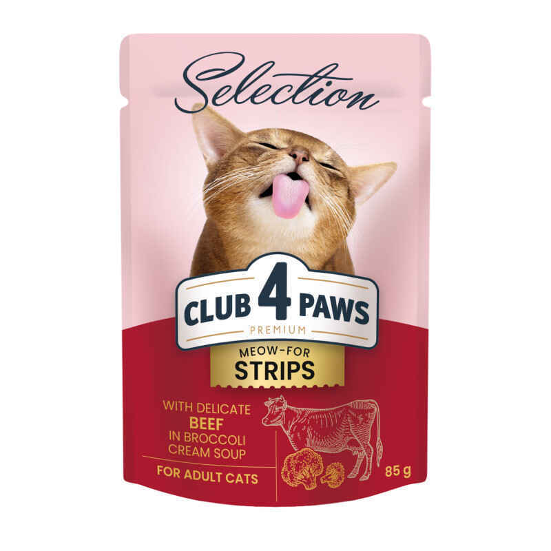 Club 4 Paws (Клуб 4 Лапи) Premium Selection Cat Strips Beef in Broccoli Cream Soup - Вологий корм з яловичиною в крем-супі для котів (смужки) (85 г) в E-ZOO