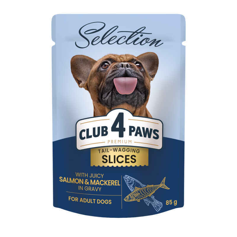 Club 4 Paws (Клуб 4 Лапы) Premium Selection Slices Dog Salmon & Mackerel in Gravy - Влажный корм с лососем и макрелью для собак малых пород (слайсы в соусе) (85 г) в E-ZOO
