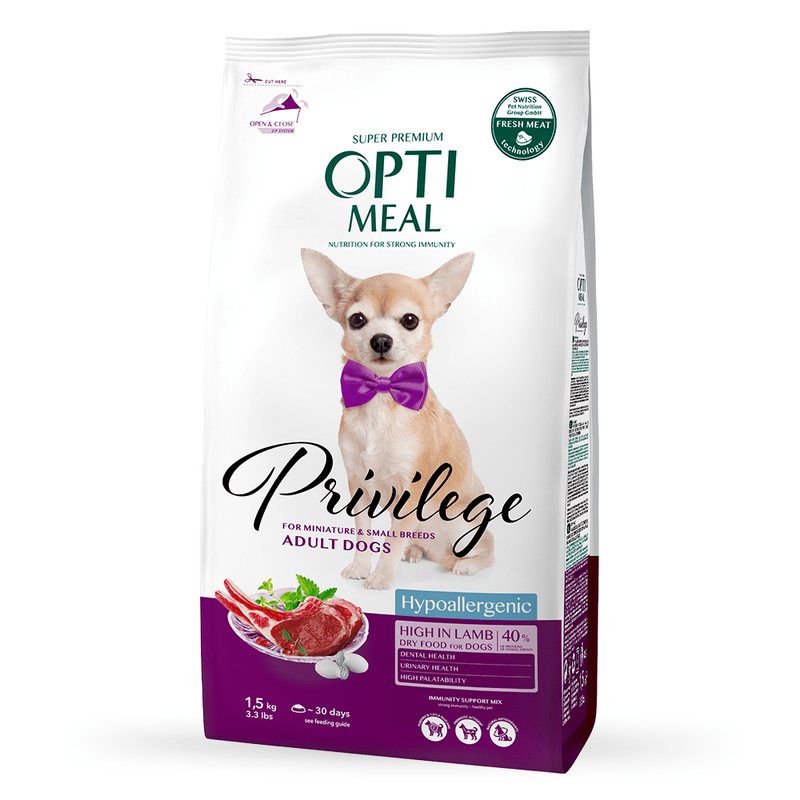 OptiMeal (ОптиМил) Small & Mini Dog Hypoallergenic Privilege Lamb - Гипоаллергенный полнорационный сухой корм с ягненком и рисом для собак малых и миниатюрных пород (1,5 кг) в E-ZOO