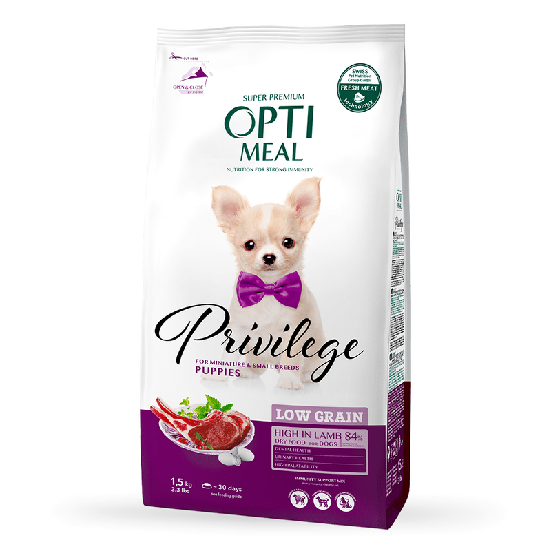 OptiMeal (ОптиМил) Puppy Small & Mini Dog Low Grain Privilege Lamb - Низкозерновой сухой корм с ягненком для щенков собак малых и миниатюрных пород (1,5 кг) в E-ZOO