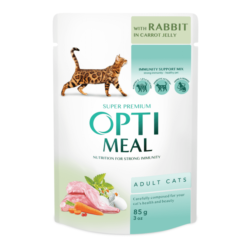 OptiMeal (ОптиМил) Adult Cats Rabbit in Carrot Jelly – Консервированный корм с кроликом для взрослых котов (кусочки в морковном желе) (85 г) в E-ZOO