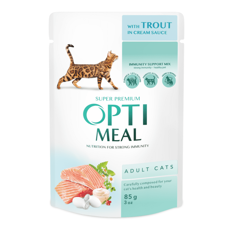 OptiMeal (ОптиМил) Adult Cats Trout in Cream Sauce – Консервированный корм с форелью для взрослых котов (кусочки в кремовом соусе) (85 г) в E-ZOO