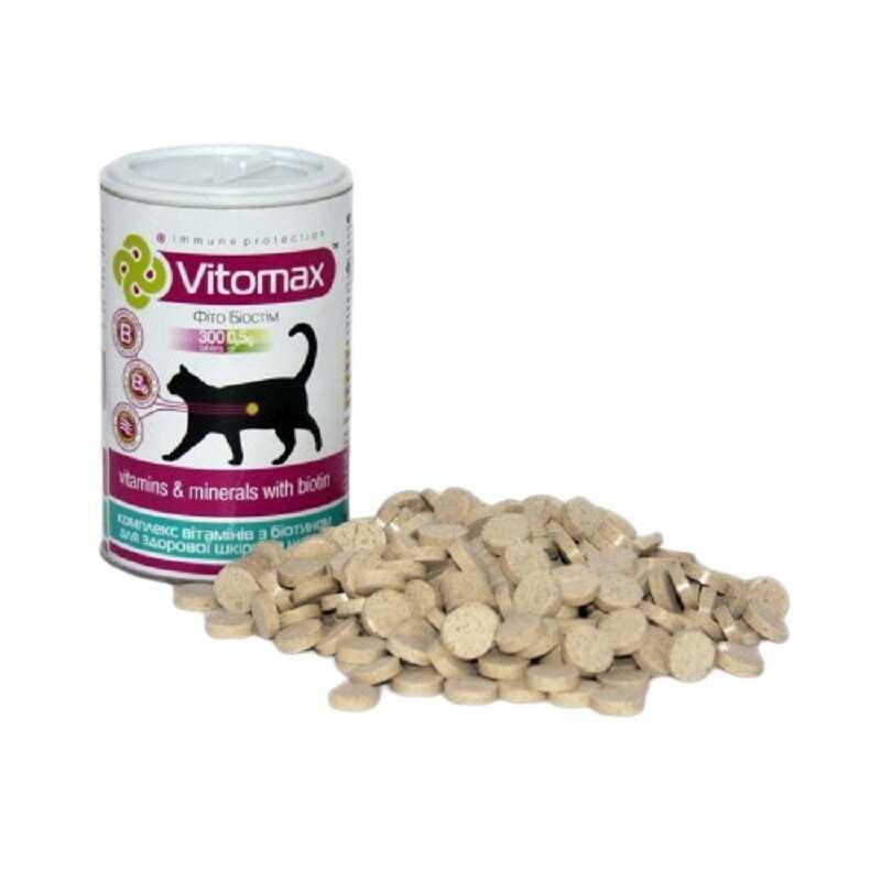 Vitomax (Вітомакс) Вітамінний комплекс з біотином для оздоровлення шкіри та блискучої шерсті котів (300 таб.) в E-ZOO