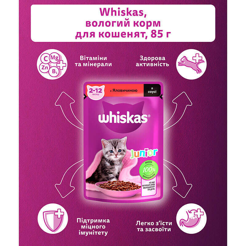 Whiskas (Вискас) - Влажный корм говядина в соусе для котят (85 г) в E-ZOO