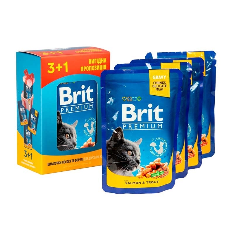 Brit Premium (Брит Премиум) Cat pouch Salmon&Trout - Набор паучей с лососем и форелью для котов (4х100 г) в E-ZOO