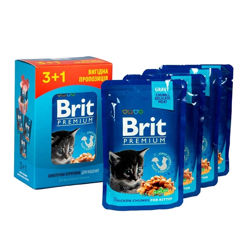 Brit Premium (Брит Премиум) Cat pouch Chicken Chunks for Kitten - Набор паучей с курицей для котят (4х100 г) в E-ZOO