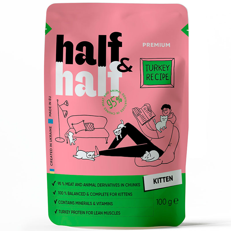 Half&Half (Халф енд Халф) - Консервований корм з індичкою для кошенят (шматочки в желе) (100 г) в E-ZOO