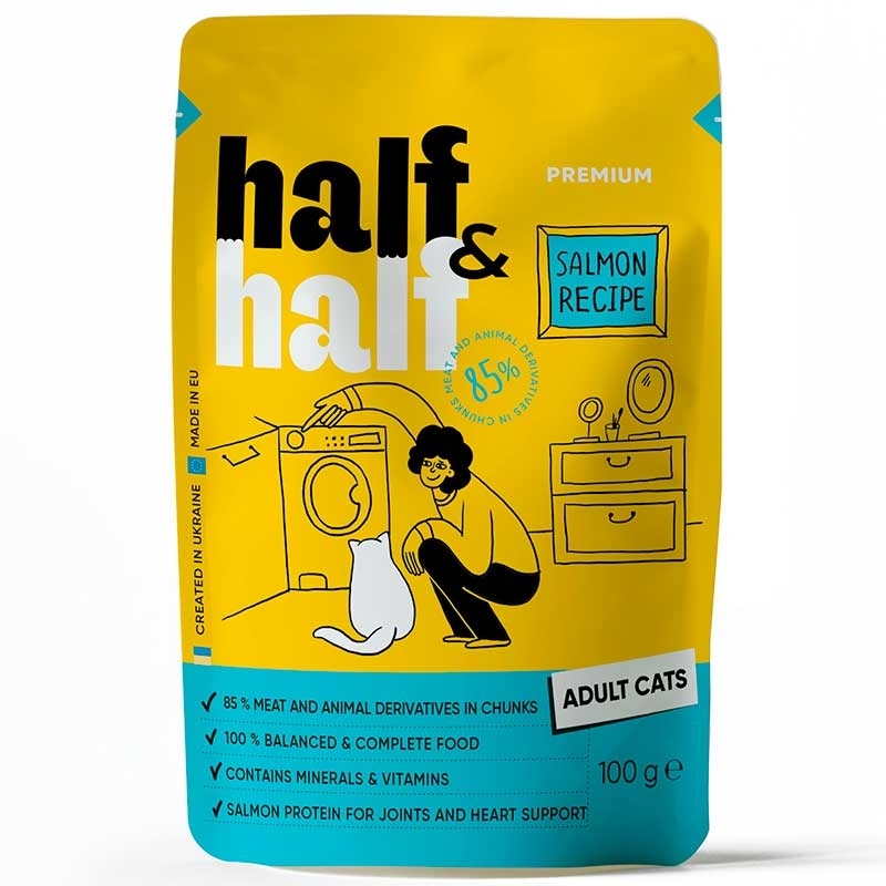 Half&Half (Халф енд Халф) - Консервований корм з лососем для дорослих котів (шматочки в желе) (100 г) в E-ZOO