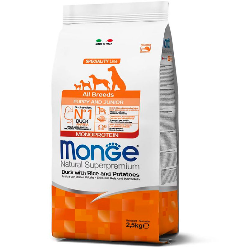 Monge (Монж) Natural Superpremium All breeds Puppy and Junior Monoprotein - Сухой монопротеиновый корм с уткой, рисом и картофелем для щенков всех пород (2,5 кг) в E-ZOO