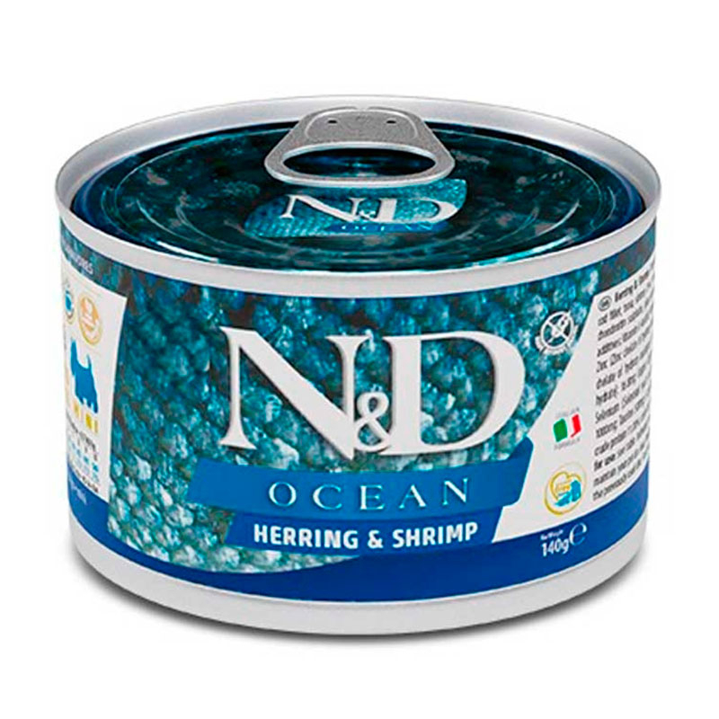 Farmina (Фарміна) N&D Ocean Herring & Shrimp Adult Mini – Беззерновий консервований корм з оселедцем, тріскою, тунцем і креветкою для дорослих собак дрібних порід (140 г) в E-ZOO
