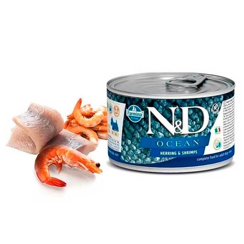 Farmina (Фарміна) N&D Ocean Herring & Shrimp Adult Mini – Беззерновий консервований корм з оселедцем, тріскою, тунцем і креветкою для дорослих собак дрібних порід (140 г) в E-ZOO