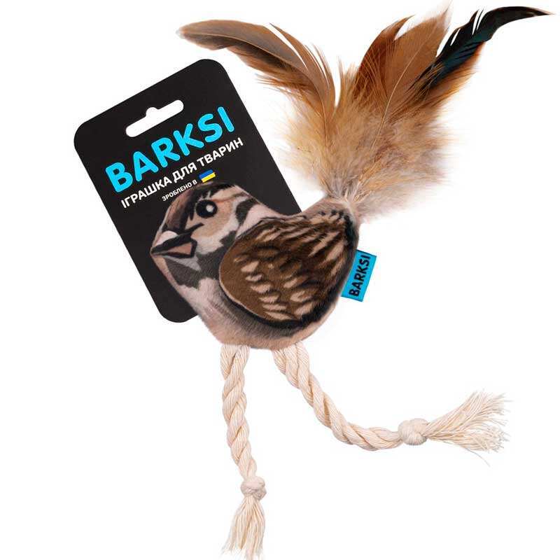 Barksi (Баркси) - Мягкая игрушка Воробей с колокольчиком и перьями для кошек и собак мелких пород (9х7 см) в E-ZOO