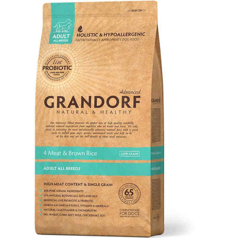 Grandorf (Грандорф) Holistic 4 Meat & Brown Rice - Сухий корм з 4-ма видами м'яса, бурим рисом і пробіотиками для дорослих собак різних порід (3 кг) в E-ZOO