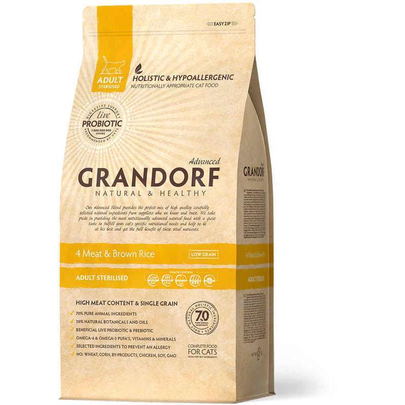 Grandorf (Грандорф) 4 Meat & Brown Rice STERILIZED - Сухой корм с 4 видами мяса и рисом для стерилизованных котов (400 г) в E-ZOO