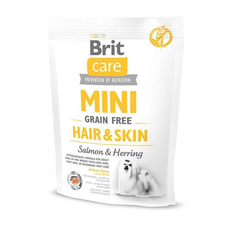 Brit Care (Брит Кеа) Mini Grain Free Hair & Skin - Сухой беззерновой корм с лососем и сельдью для взрослых длинношерстных собак миниатюрных пород (400 г) в E-ZOO