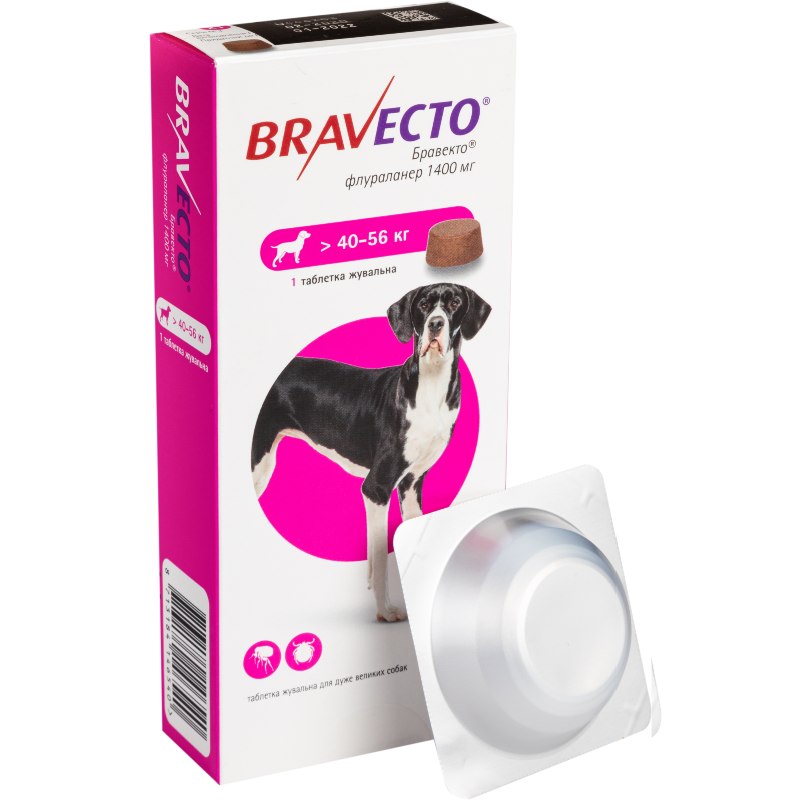 Bravecto (Бравекто) by MSD Animal Health - Противопаразитарные жевательные таблетки от блох и клещей для собак (1 таблетка) (40-56 кг) в E-ZOO