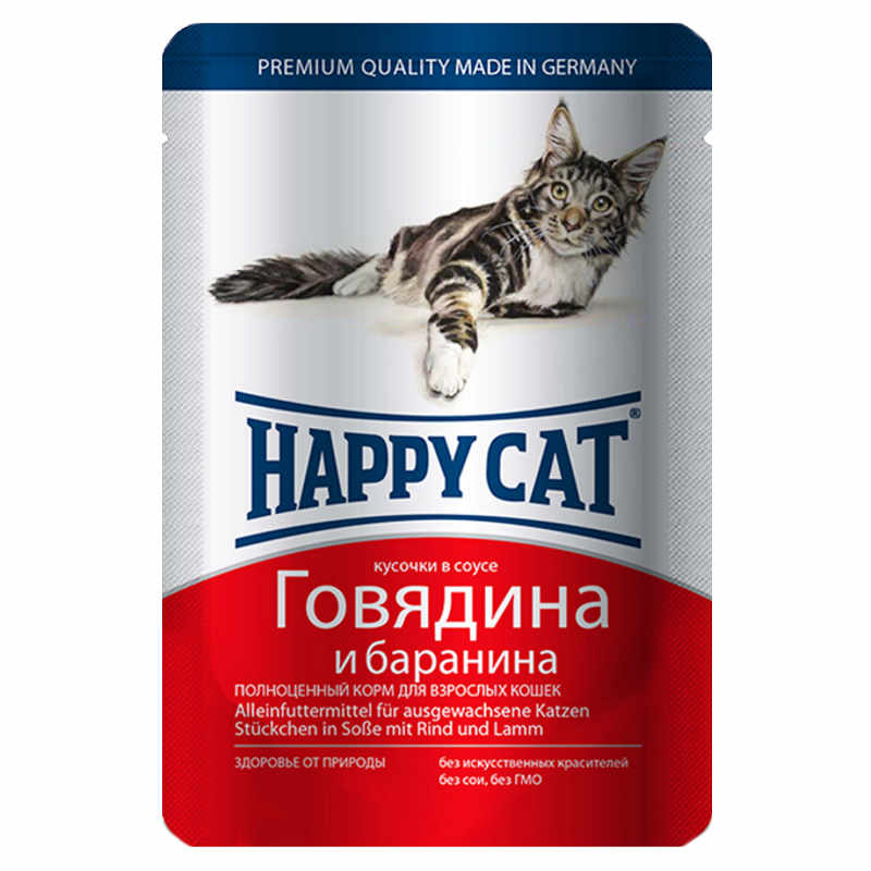 Happy Cat (Хэппи Кэт) Консервированный корм с говядиной и бараниной для котов (кусочки в желе) (100 г) в E-ZOO