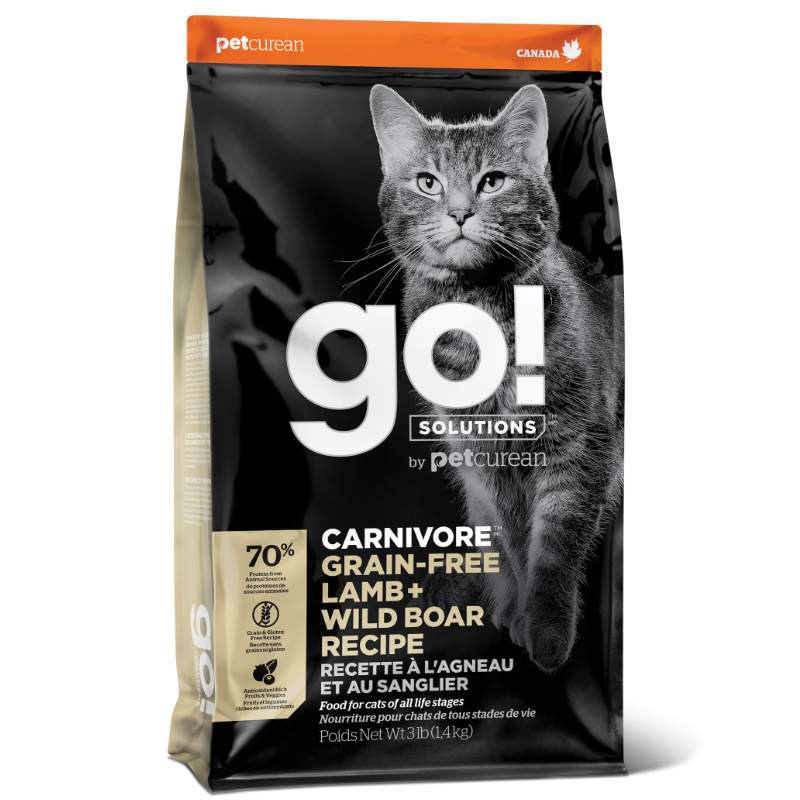GO! (Гоу!) SOLUTIONS Carnivore Grain Free Lamb + Wild Boar Recipe (30/14) - Сухой беззерновой корм с ягненком и мясом дикого кабана для котят и взрослых кошек (1,36 кг) в E-ZOO
