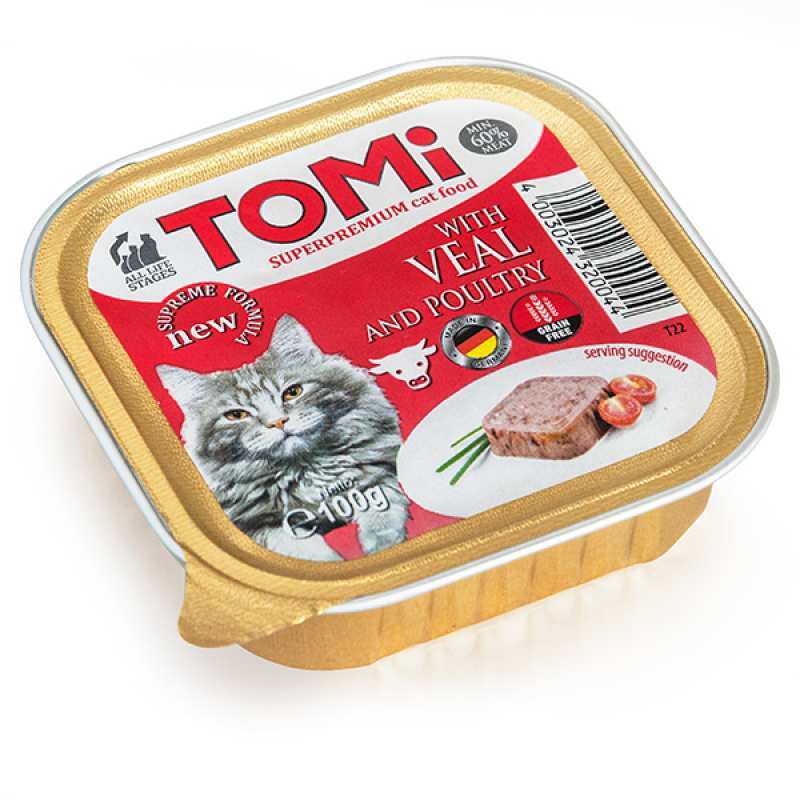 TOMi (Томи) with Veal&Poultry - Супер премиум паштет с телятиной и птицей для взрослых и пожилых котов всех пород (100 г) в E-ZOO